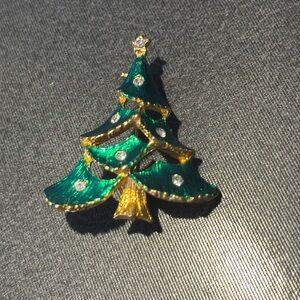 Vintage Clear Rhinestone & Green Enamel Christmas Tree Gold Tone Brooch Pin
